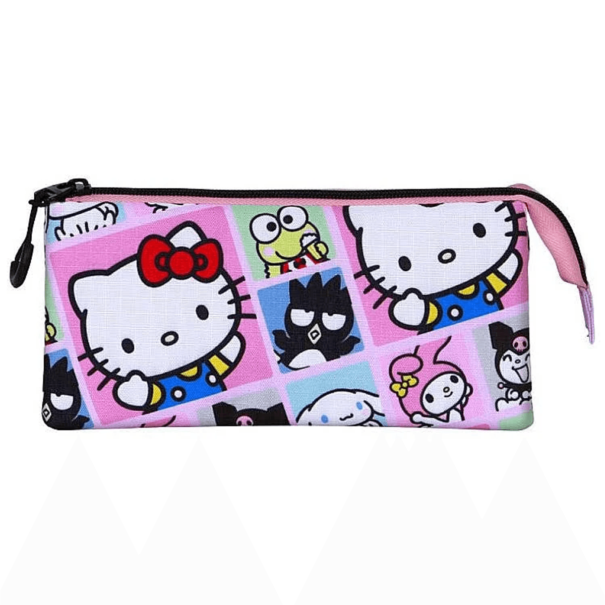 Estuche rosa con personajes de dibujos animados de Hello Kitty y amigos.