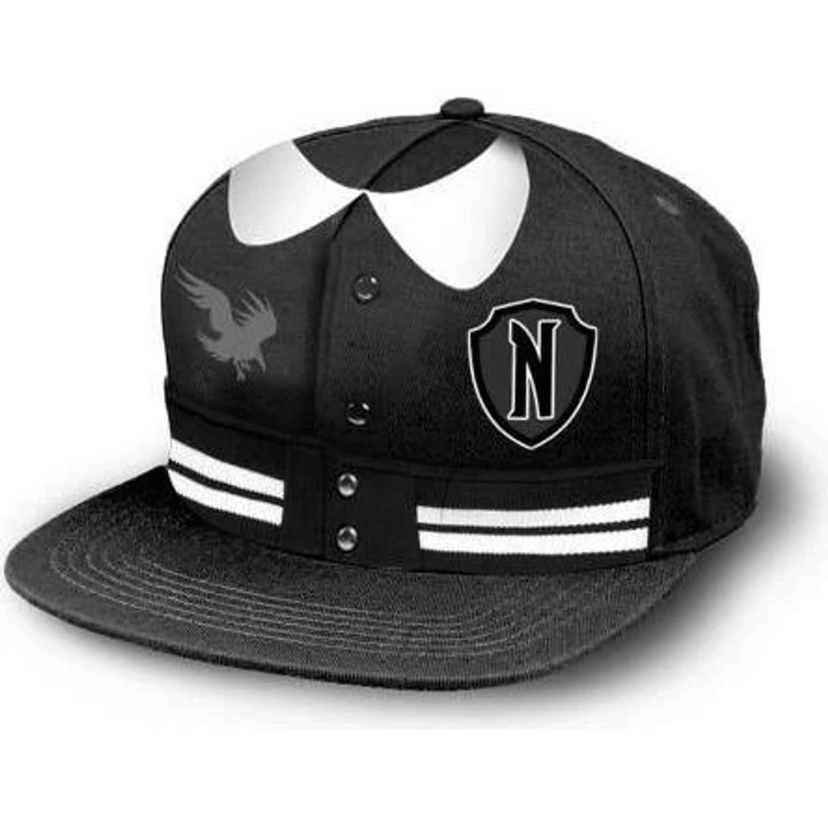 Gorra negra con cuello blanco, águila y logo N. Rayas blancas.