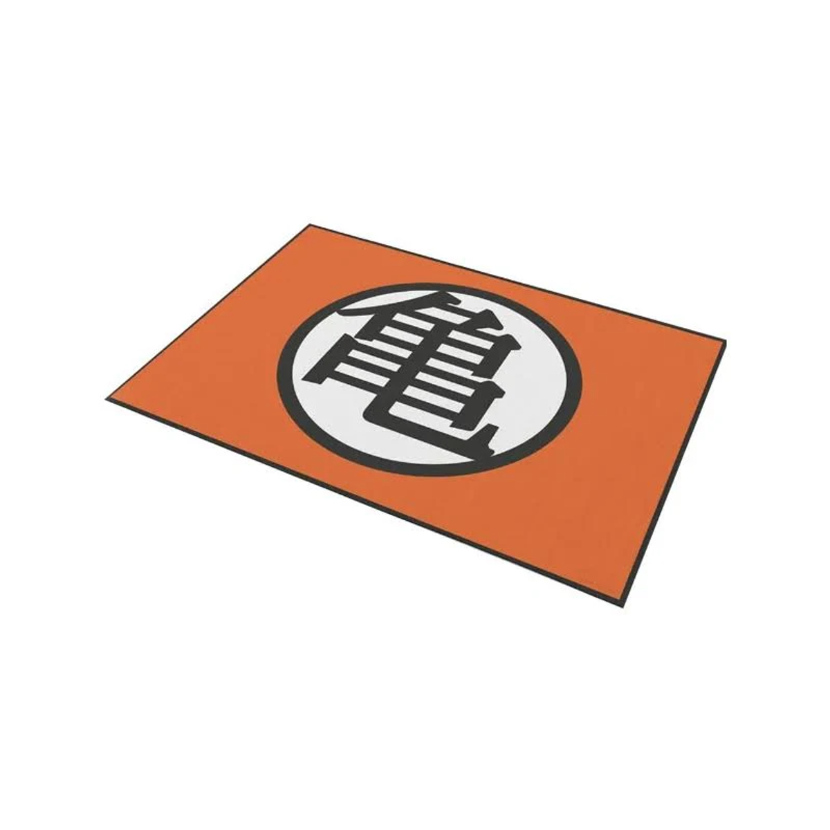 Alfombra naranja con símbolo Kanji negro dentro de un círculo blanco.