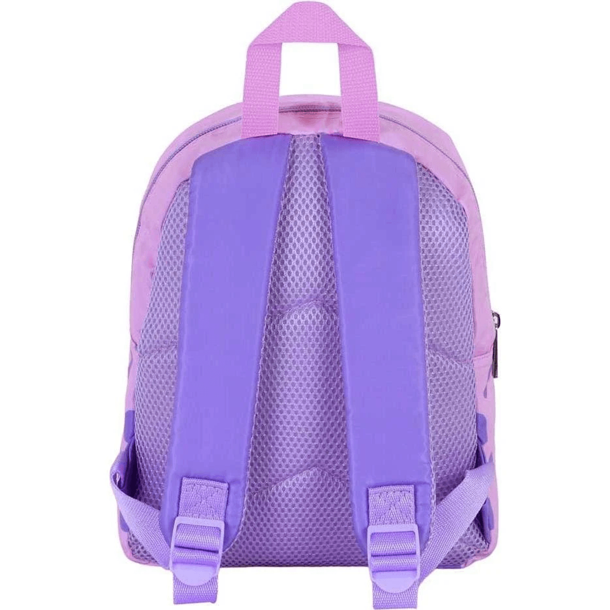 Vista trasera de una mochila lila con correas moradas y tela de malla.