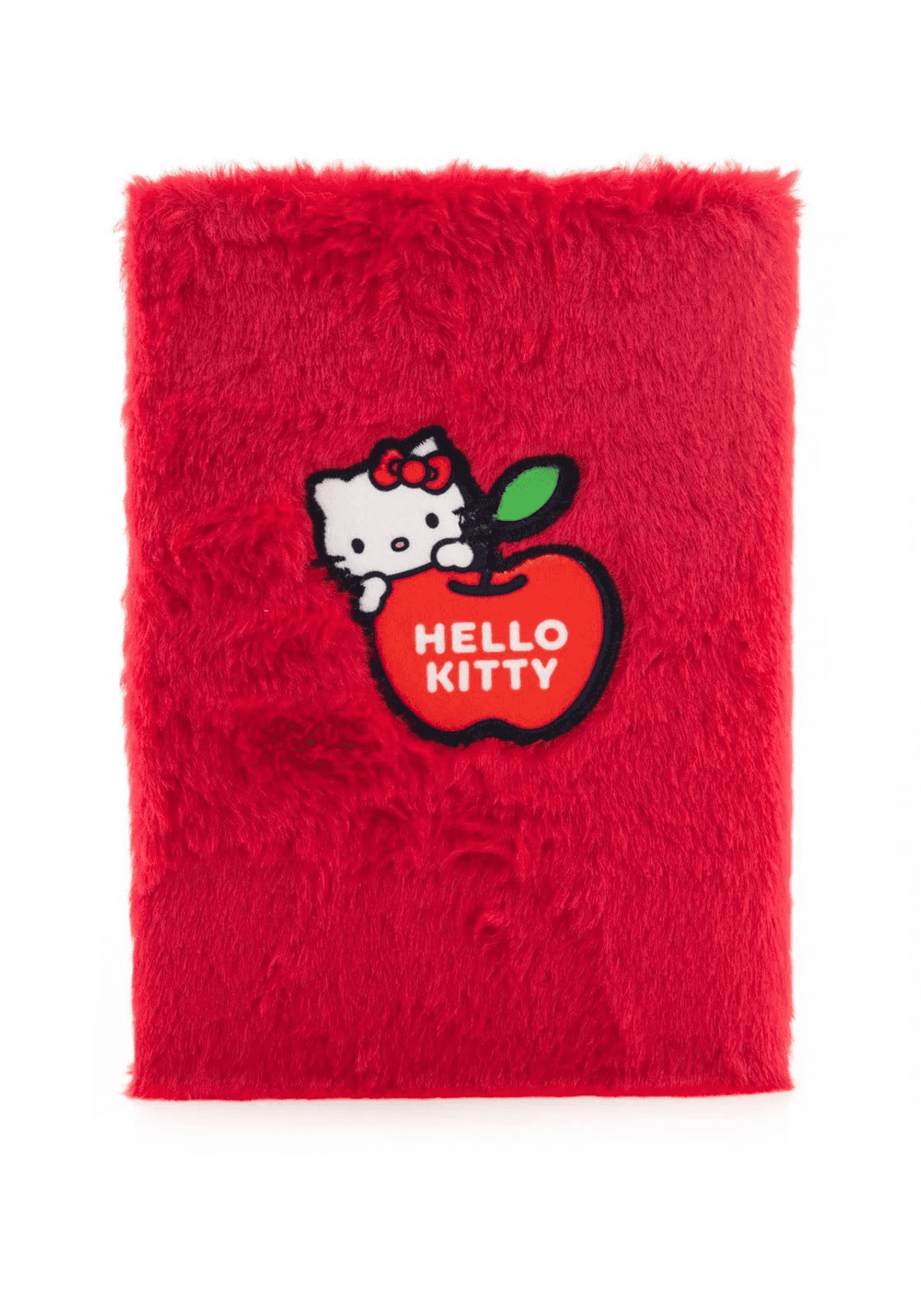 Carnet rouge et pelucheux avec un patch Hello Kitty et une pomme.