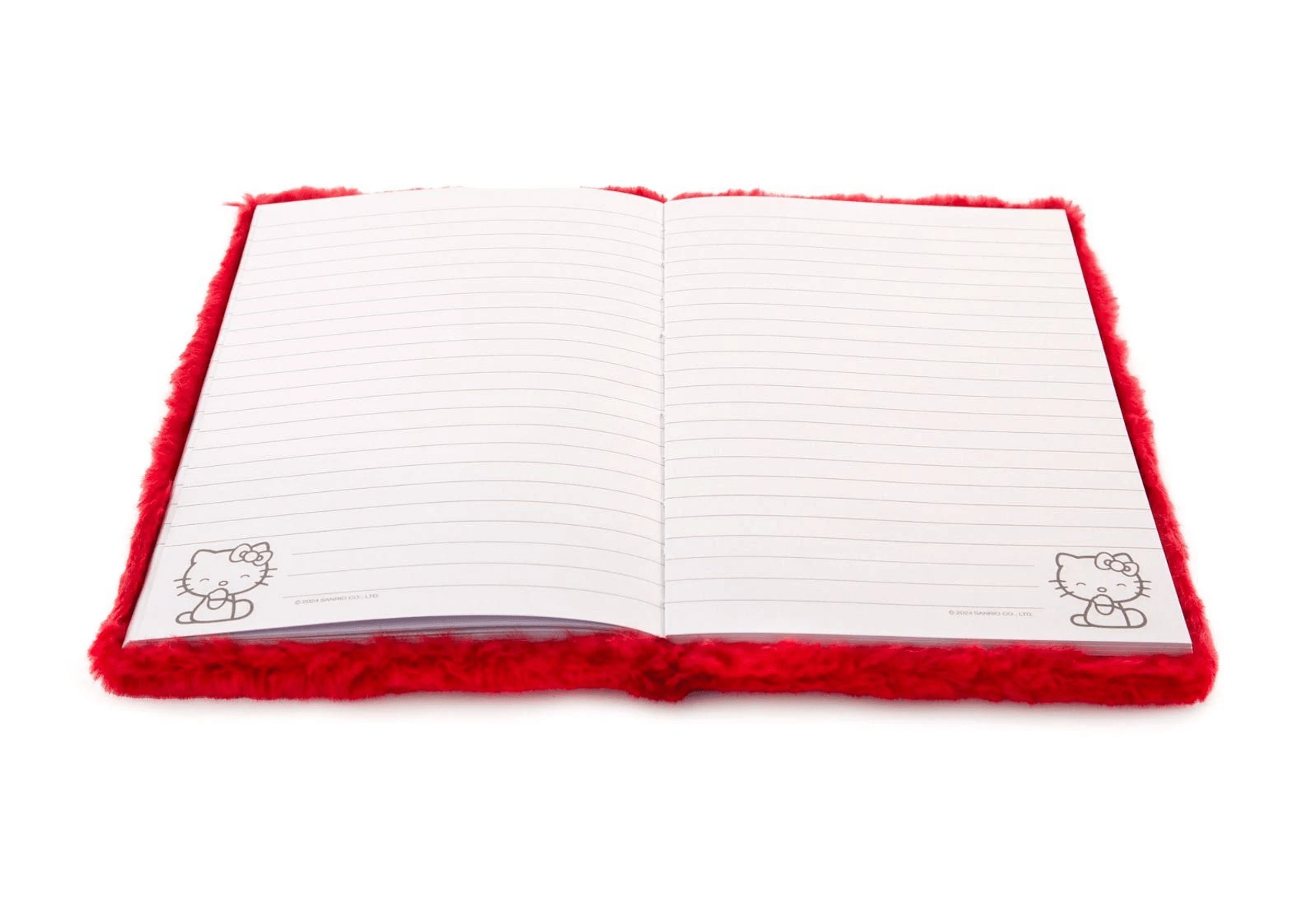 Un carnet ouvert rouge et flou avec des pages lignées vierges et des contours de Hello Kitty.