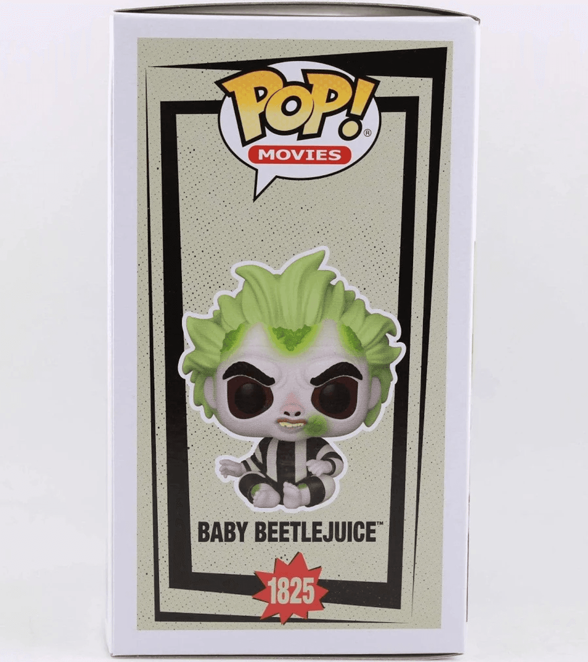 Figura Funko Pop de Baby Beetlejuice en una caja con etiqueta 'Pop! Movies'.