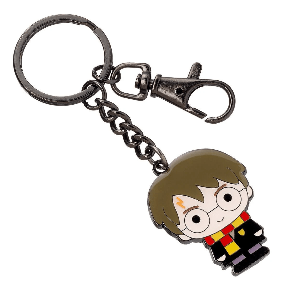 Llavero con figura de Harry Potter, cadena negra y mosquetón.