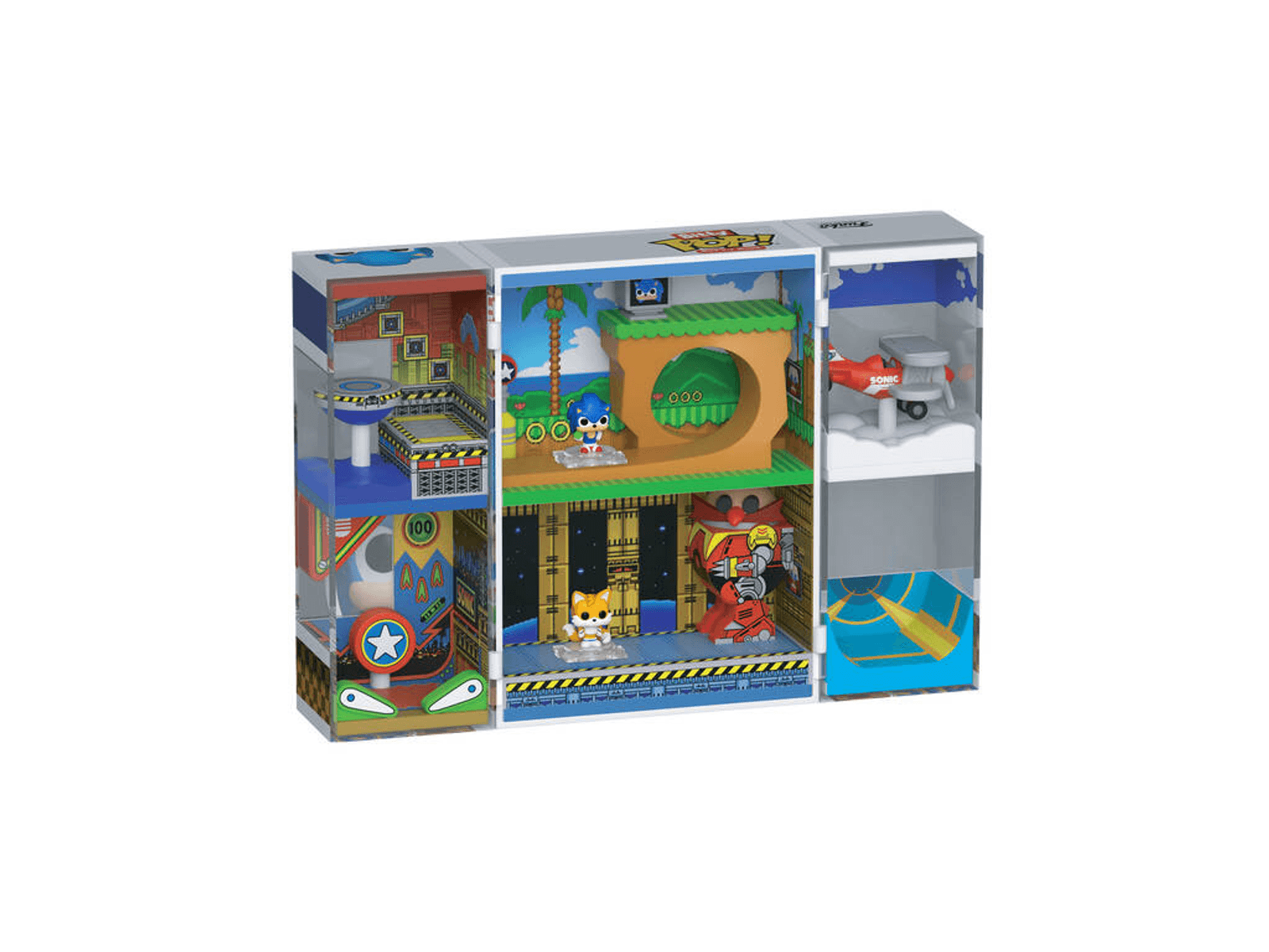 Sonic the Hedgehog Spielset mit Figuren von Sonic, Tails und Dr. Eggman. Mehrere Ebenen und spielthematische Hintergründe.