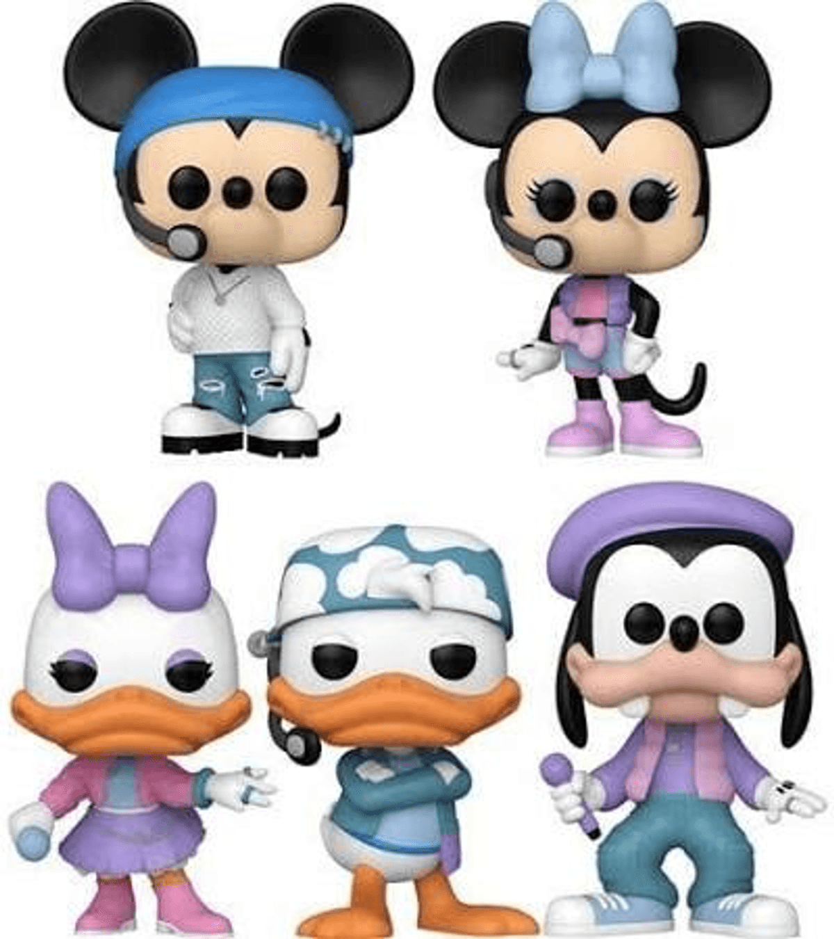 Fünf Disney-Figuren als Vinylfiguren: Mickey, Minnie, Daisy, Donald und Goofy.