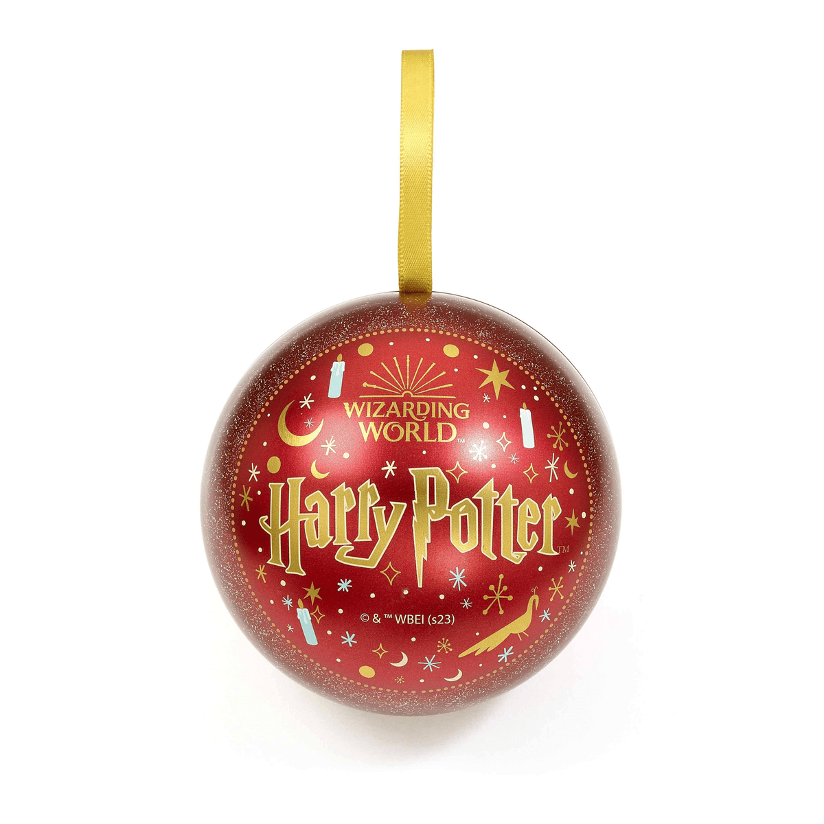 Un adorno rojo con estampado de Harry Potter y cinta amarilla.