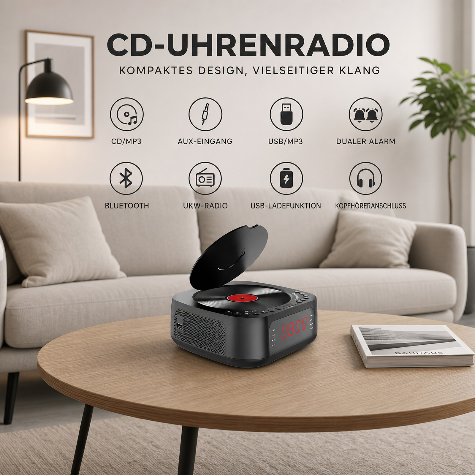 CD-Uhrenradio mit CD-Fach, roter Einlage und roten Ziffern auf dem Tisch.