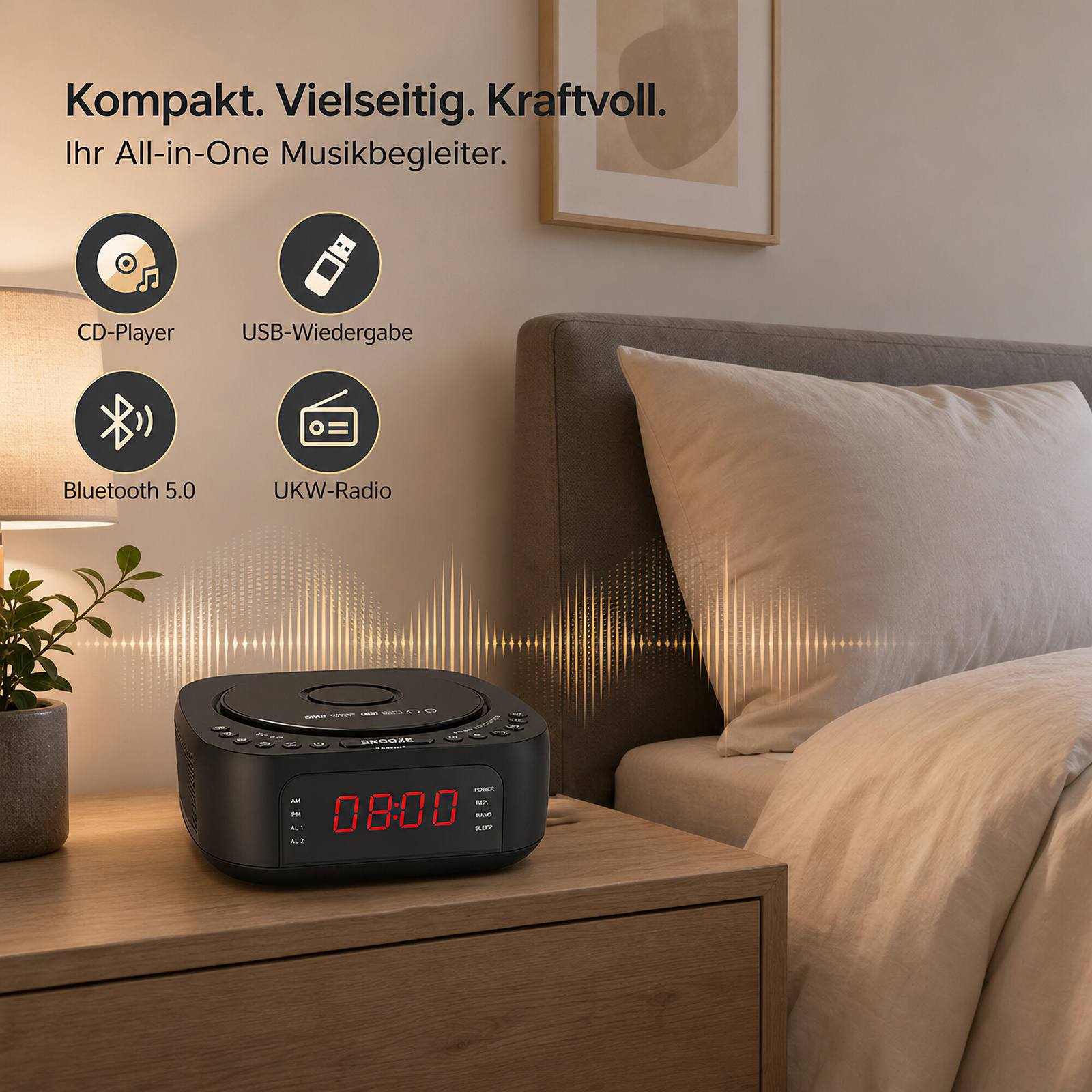 Ein schwarzer CD-Player mit Wecker zeigt 08:00 an, neben einem Bett.