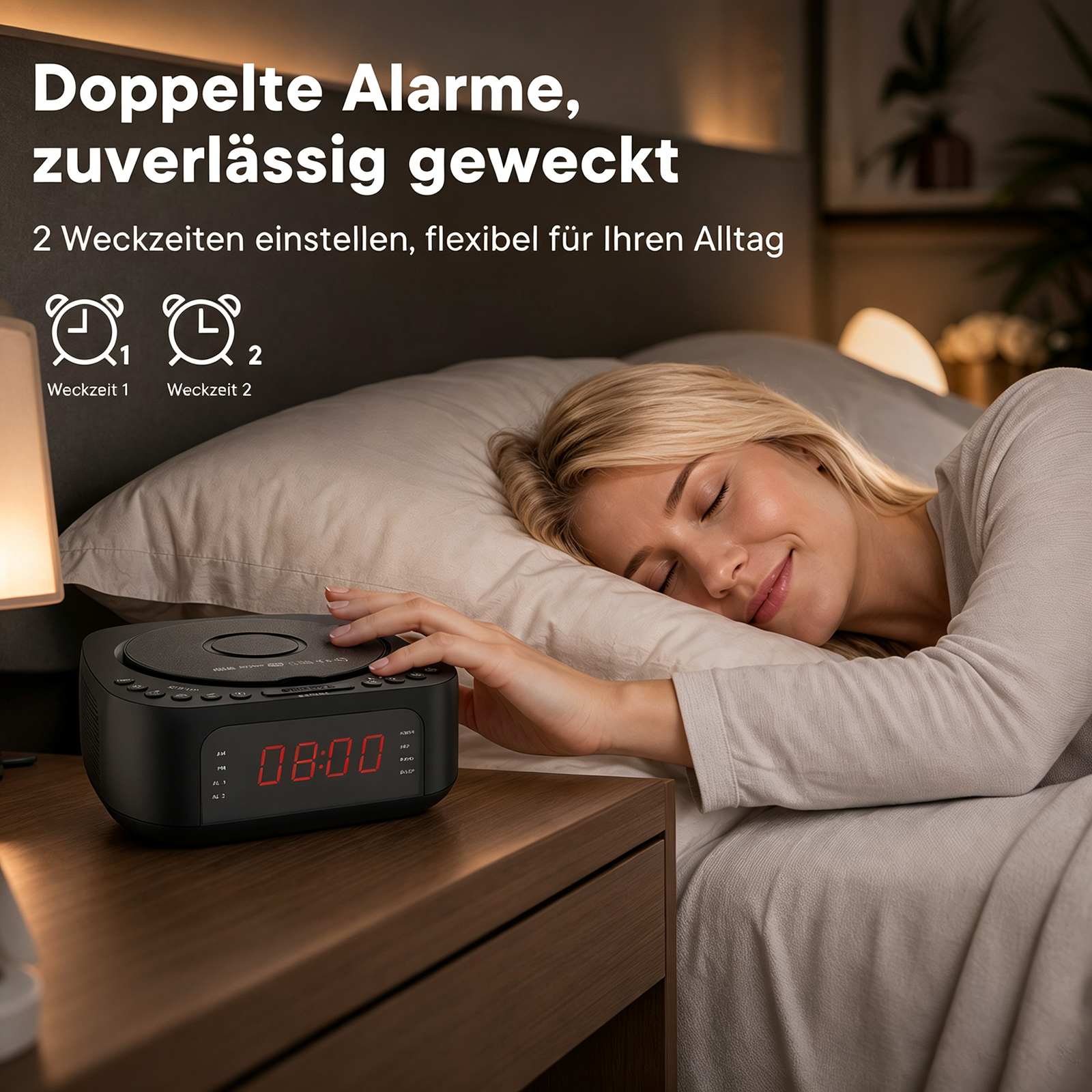 Frau schläft neben einem Radiowecker mit roter Digitalanzeige 08:00.