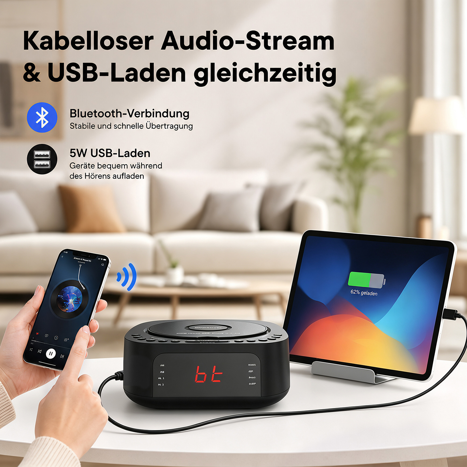 Ein schwarzer CD-Player mit Bluetooth und USB-Ladefunktion verbindet sich mit einem Smartphone und Tablet.