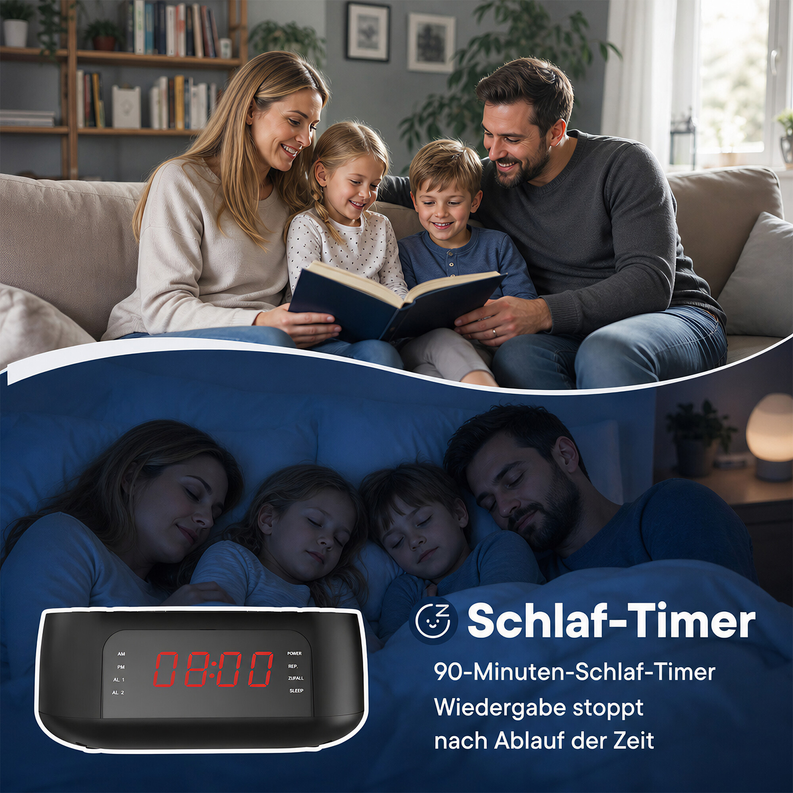 Familie liest Buch oben, schläft unten; digitaler Wecker zeigt 08:00.