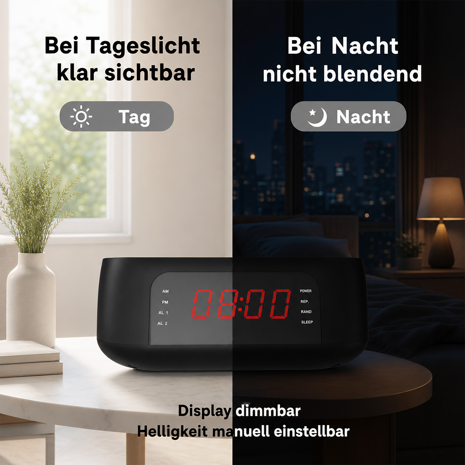 Digitaler Wecker zeigt 08:00 Uhr, Tag- und Nachtmodus