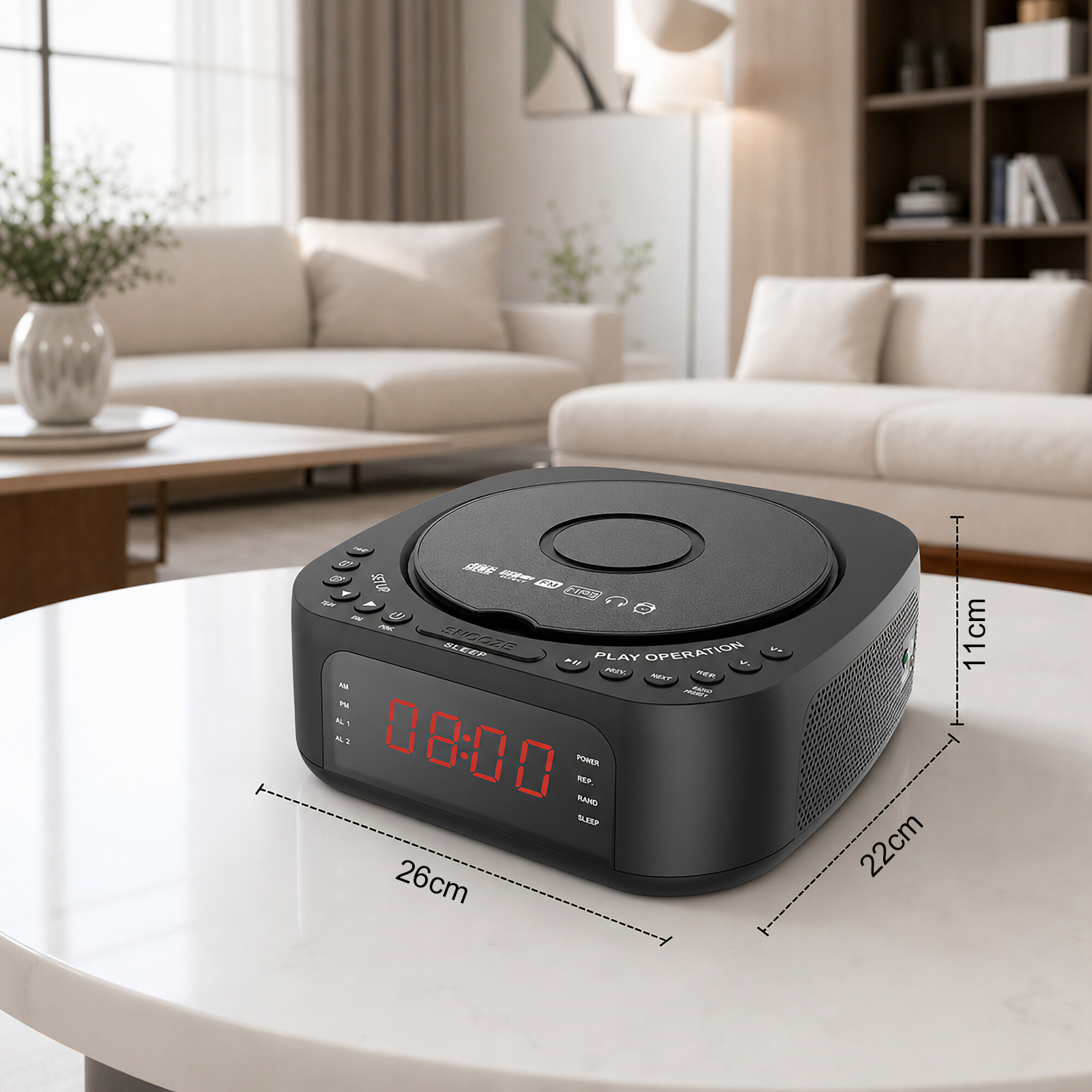 Schwarzer CD-Player mit Radiowecker und rotem Display, zeigt 08:00 an.