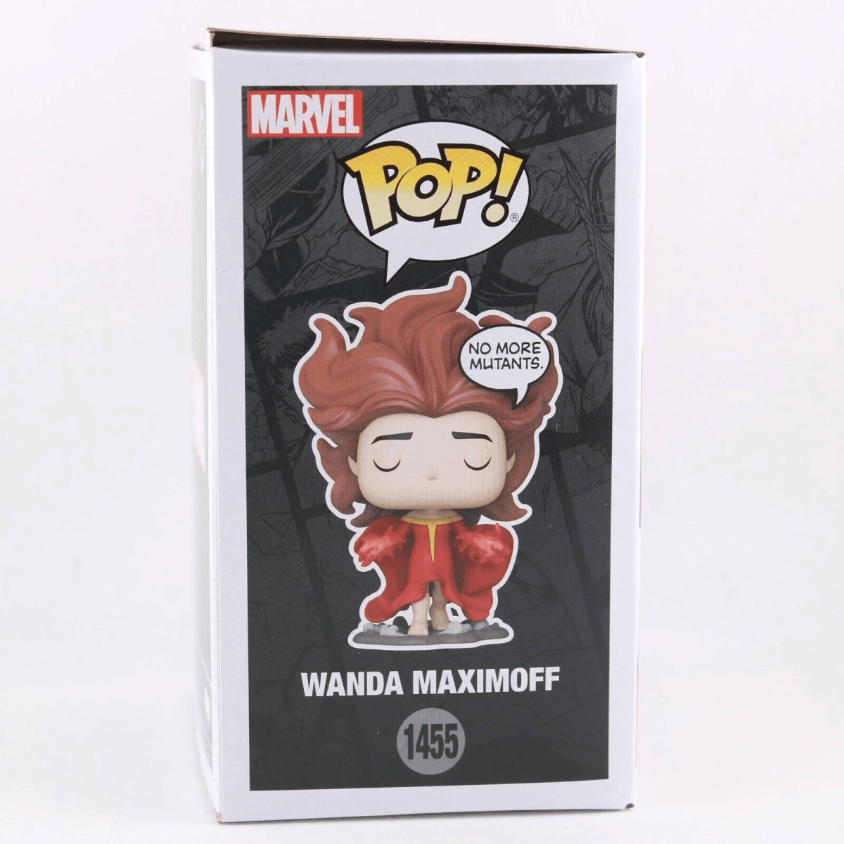 Una figura Funko Pop! de Wanda Maximoff con cabello rojo y capa roja, número 1455.