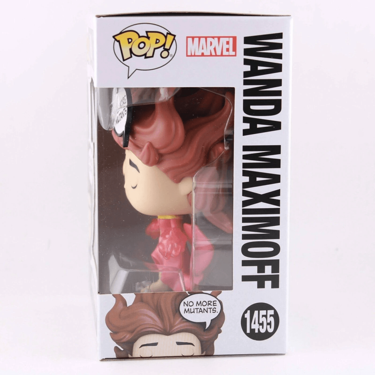 Figura Funko Pop! de Wanda Maximoff en su caja, con etiqueta 'No More Mutants.'