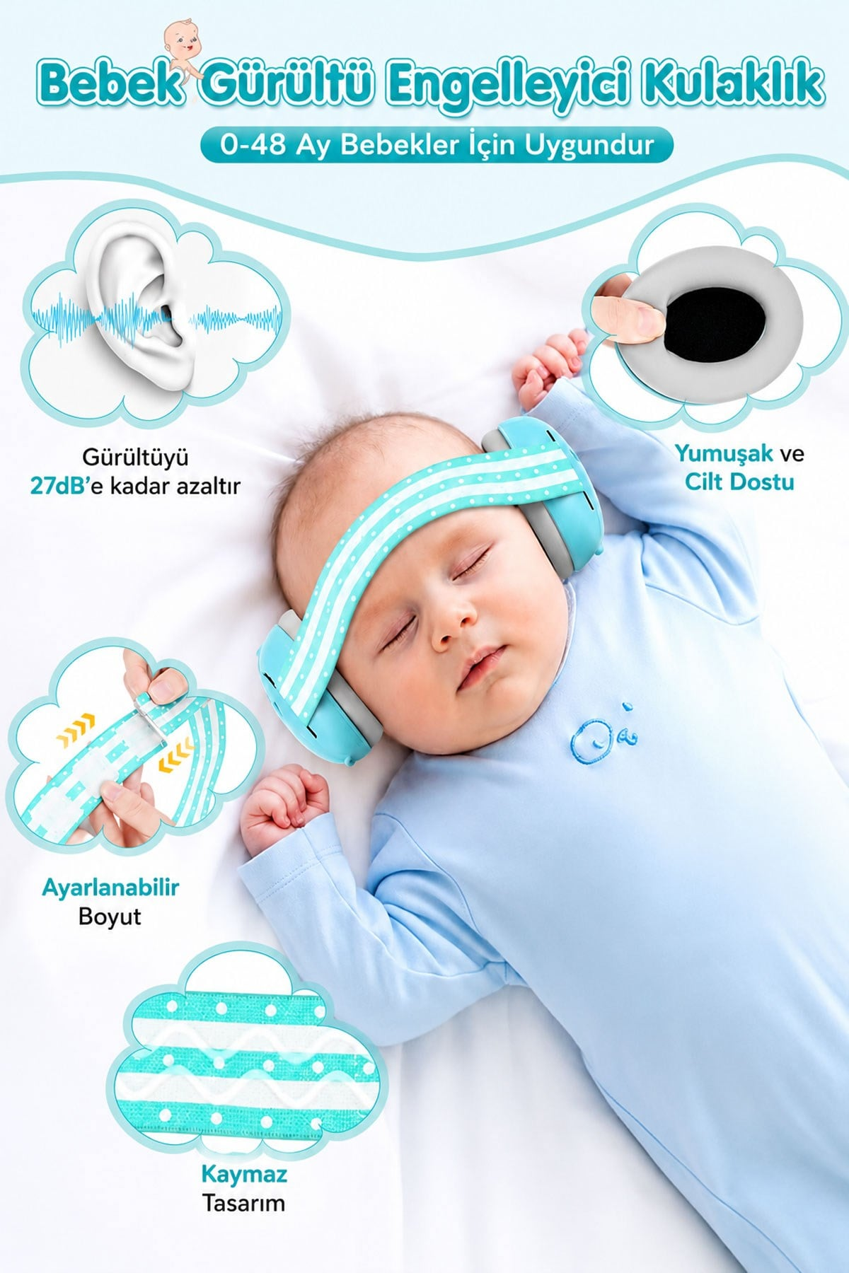 Bir bebek, ses azaltma ve konfor özelliklerinin belirtildiği kulaklıklarla uyuyor.