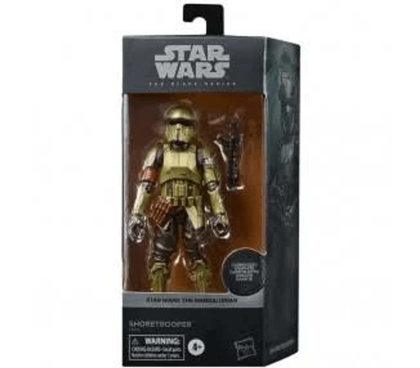 Action figure Star Wars Black Series Shoretrooper in armatura dorata nella confezione.