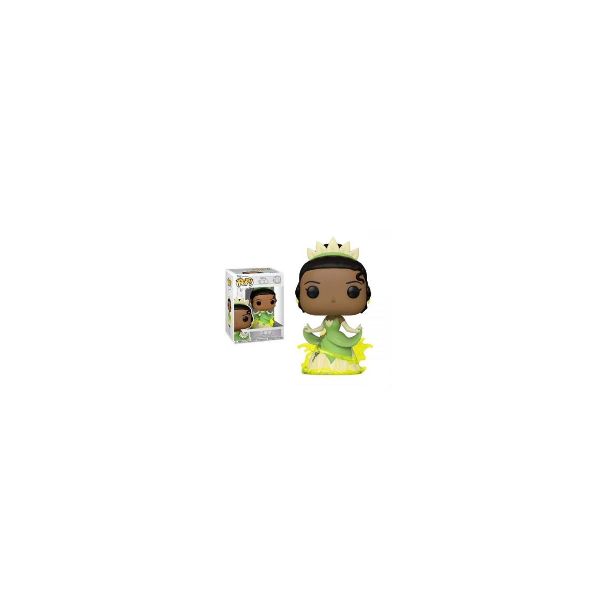 Una figuretta Funko Pop! della Principessa Tiana con corona e abito verde.