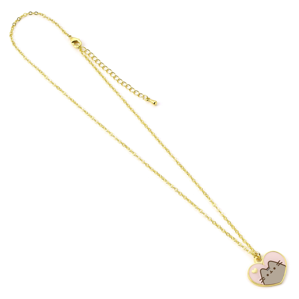 Collar de oro con colgante de corazón rosa con cara de gatito.