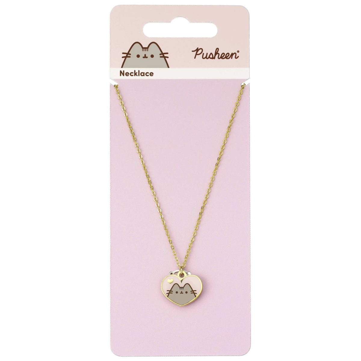 Collar dorado con colgante de corazón de Pusheen sobre fondo rosa.