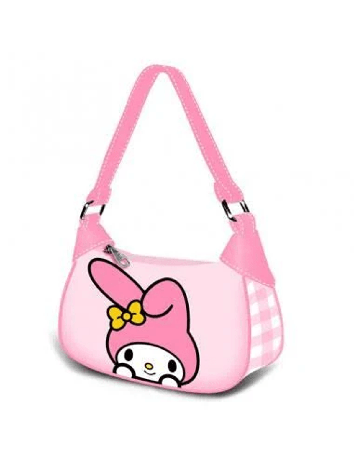 Un bolso rosa con My Melody y parte trasera a cuadros.