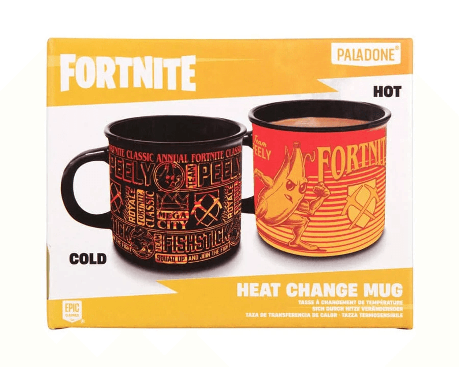Fortnite Heat Change Mug: kalte Ansicht mit schwarzen Becher, heiße Ansicht mit rotem Becher.