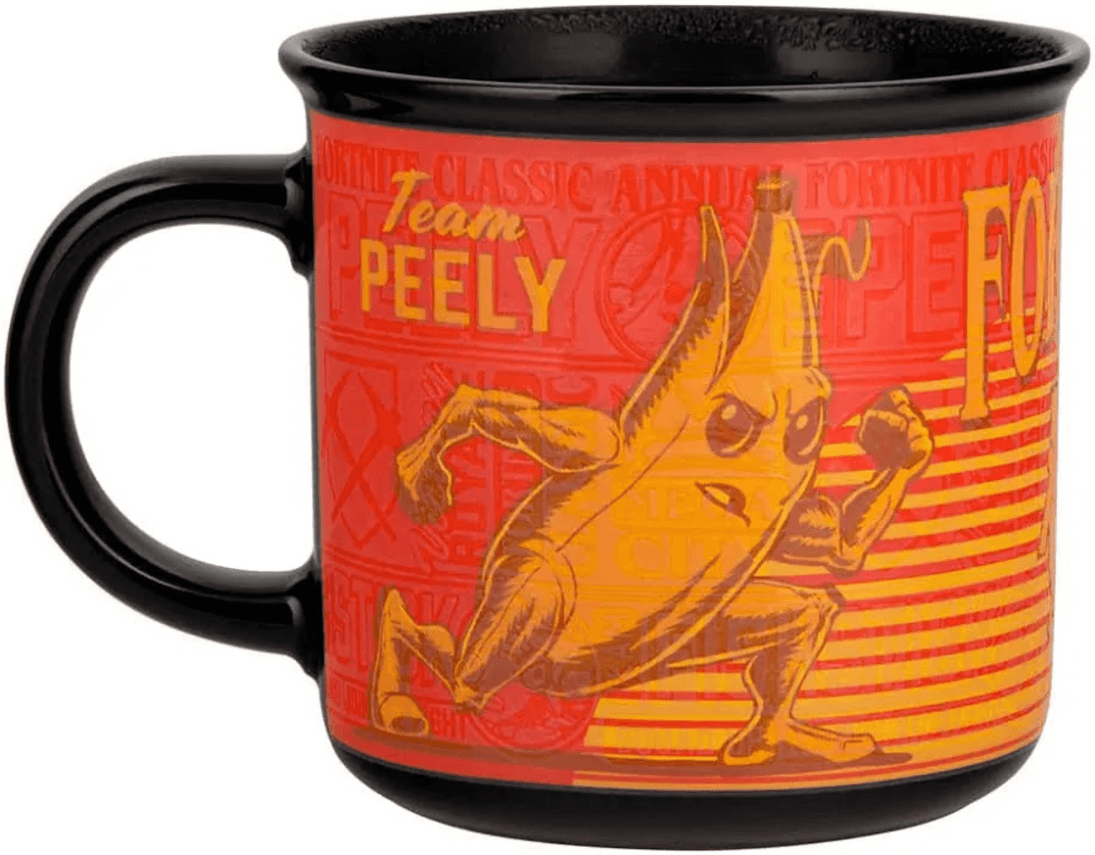 Tasse mit Fortnite-Charakter "Peely" in Rot und Gelb. Schwarz.