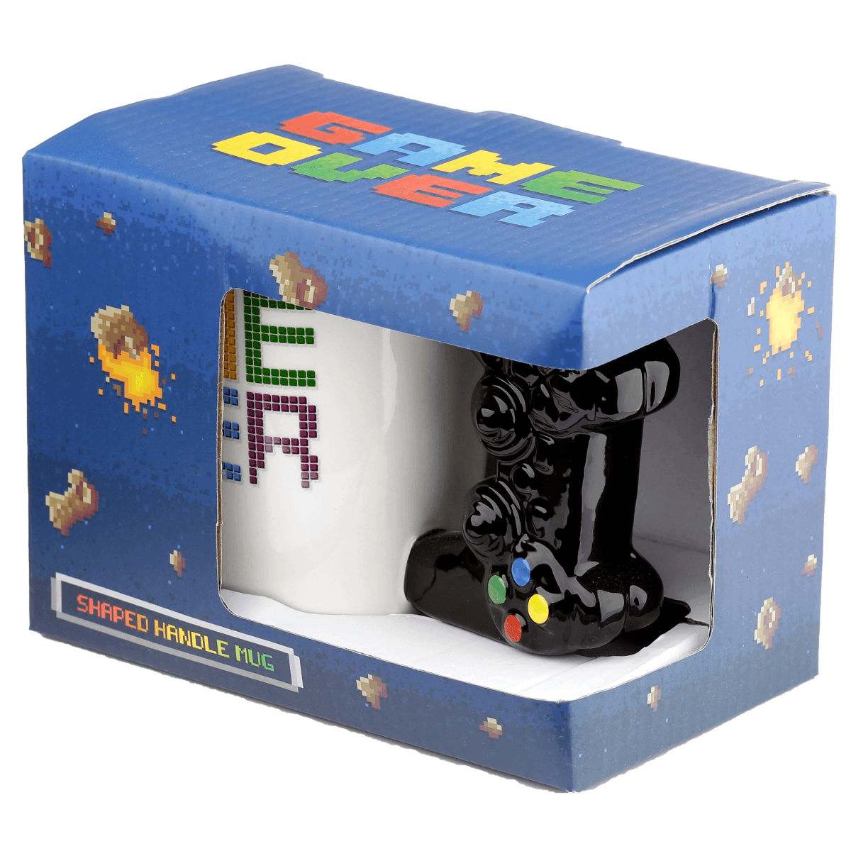 Weiße Tasse mit schwarzem Controller-Griff, in einer blauen Box mit Pixel-Design.
