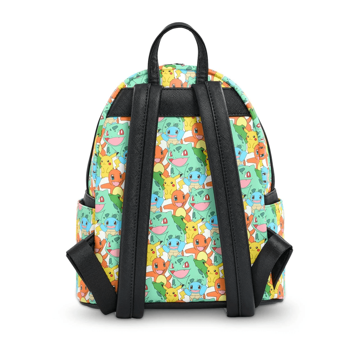 Una mochila con un patrón colorido de personajes de Pokémon como Pikachu, Bulbasaur y Charmander.