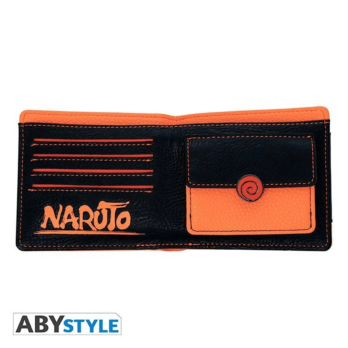 Schwarze und orangefarbene Naruto-Geldbörse mit Kartenfächern und einem Wirbel-Symbol.