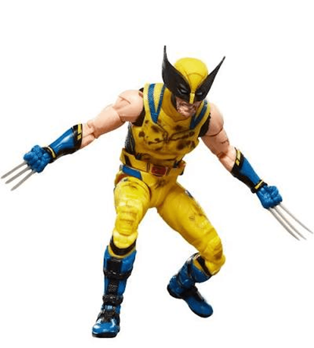 Figura de acción de Wolverine con traje amarillo, acentos azules y garras retráctiles.