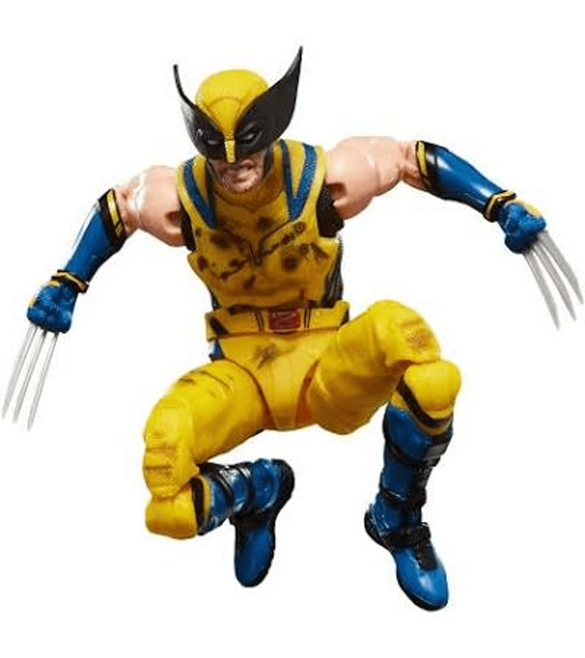 Figura de acción de Wolverine con traje amarillo y azul, agachado con garras.