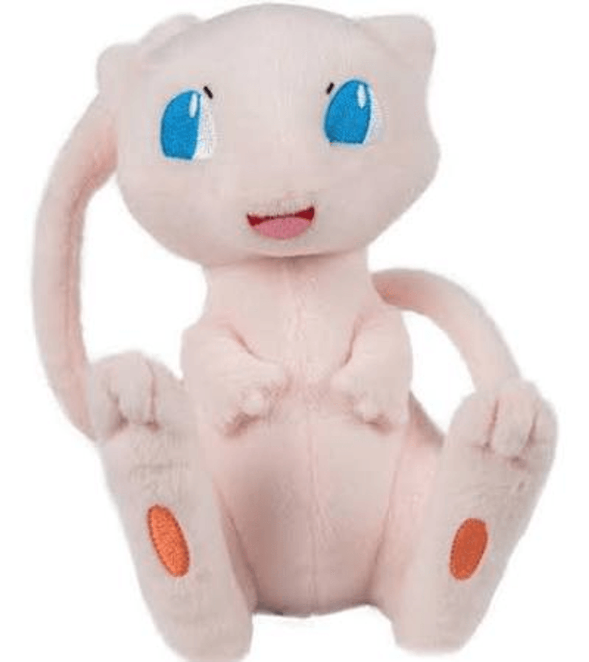 Un peluche rosa con ojos azules y boca rosa está sentado.