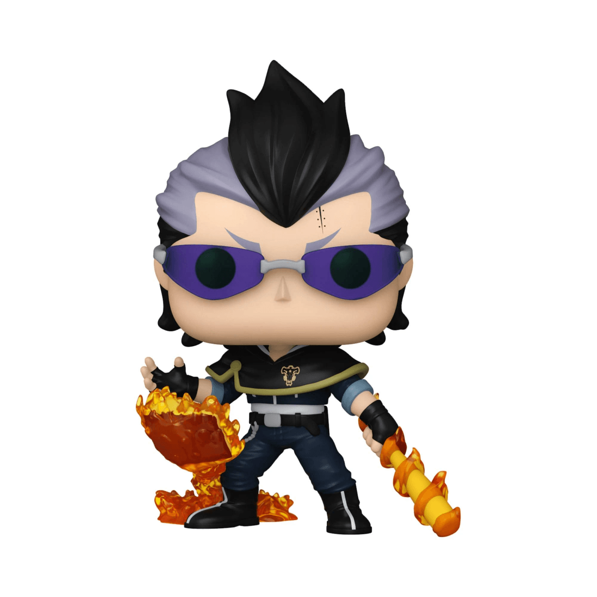 Un Funko Pop de Yuno de Black Clover sosteniendo un bastón de fuego y fuego a sus pies.