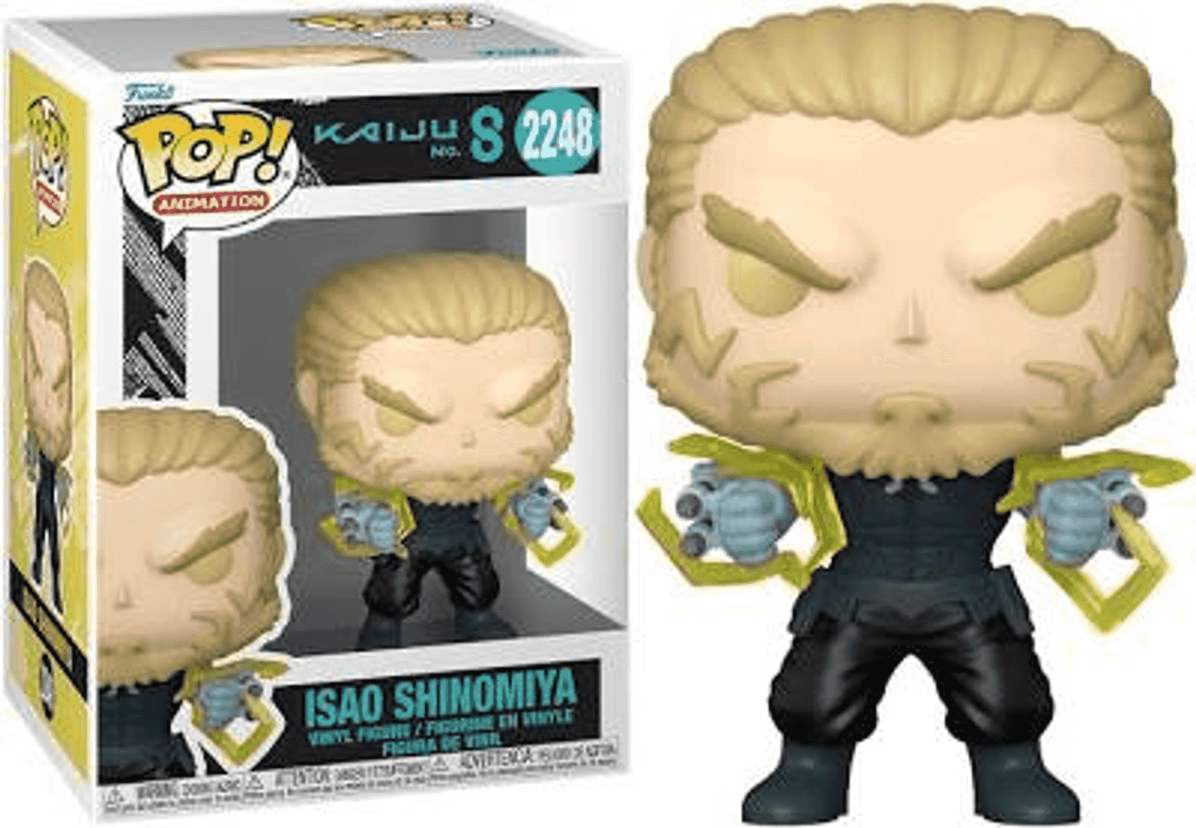 Figura Funko Pop de Isao Shinomiya con acentos amarillos y herramientas de agarre azules.