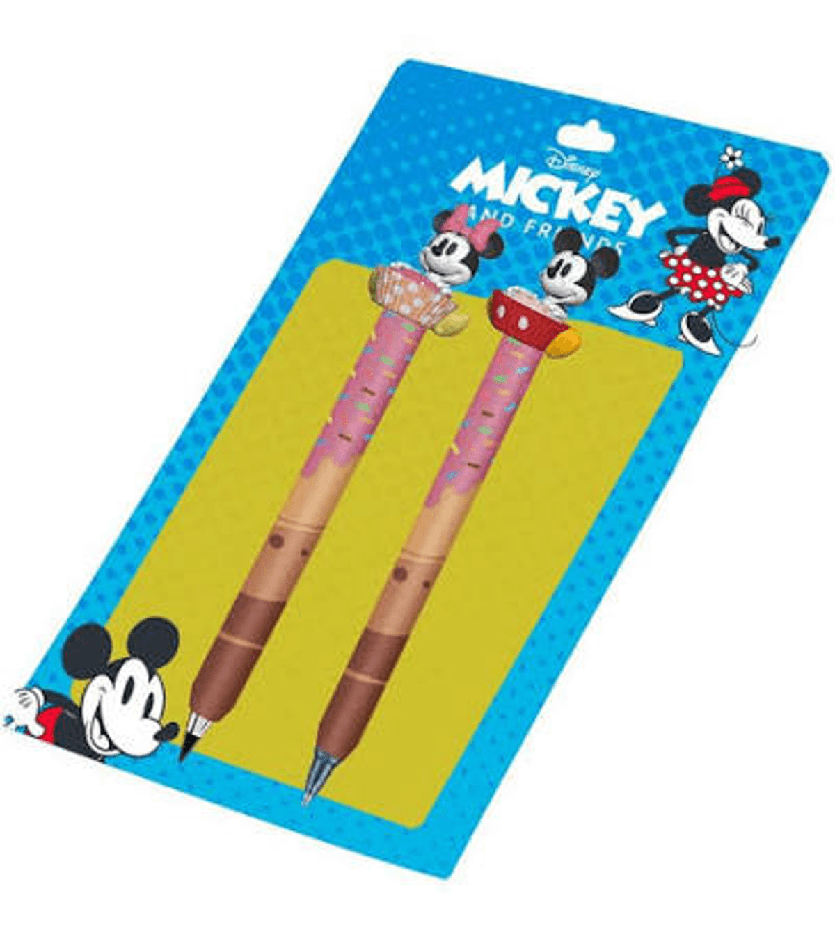 Zwei Disney Mickey & Friends Stifte auf blauem Hintergrund mit gelber Einlage.