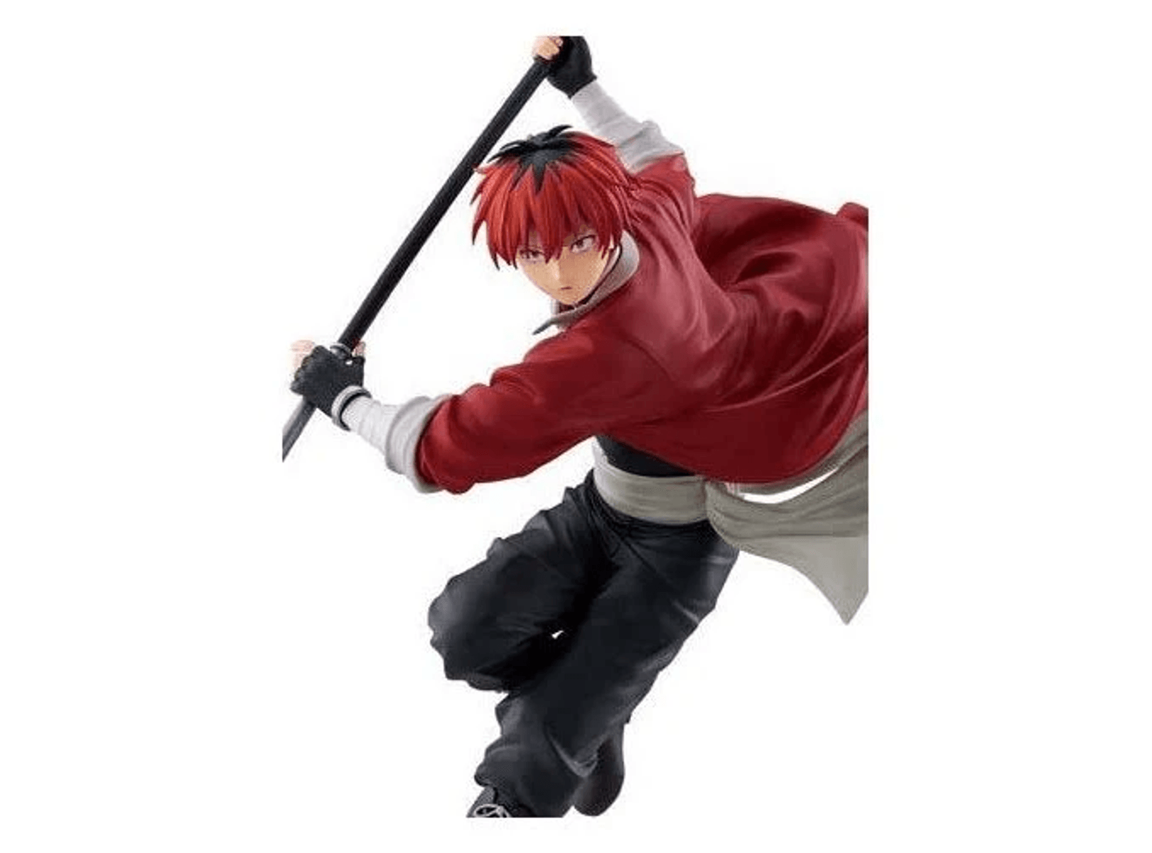 Figura de anime con pelo rojo, sostiene un bastón, viste top rojo y pantalones negros.