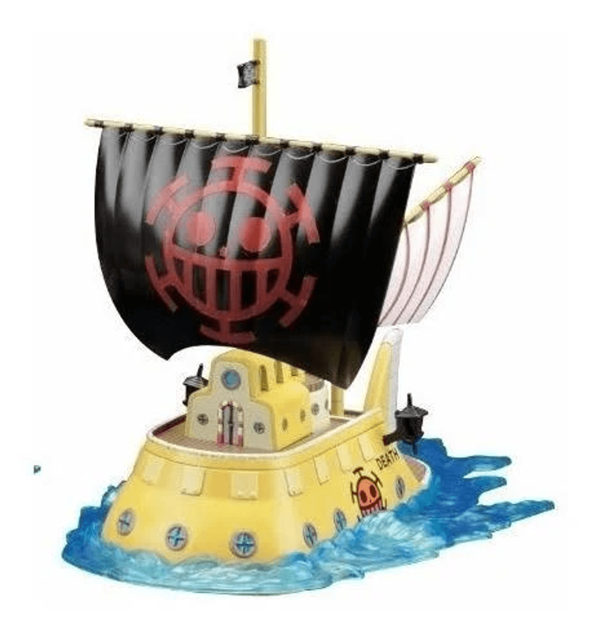 Ein gelbes Spielzeugschiff mit schwarzer Jolly Roger Flagge segelt auf blauen Wellen.