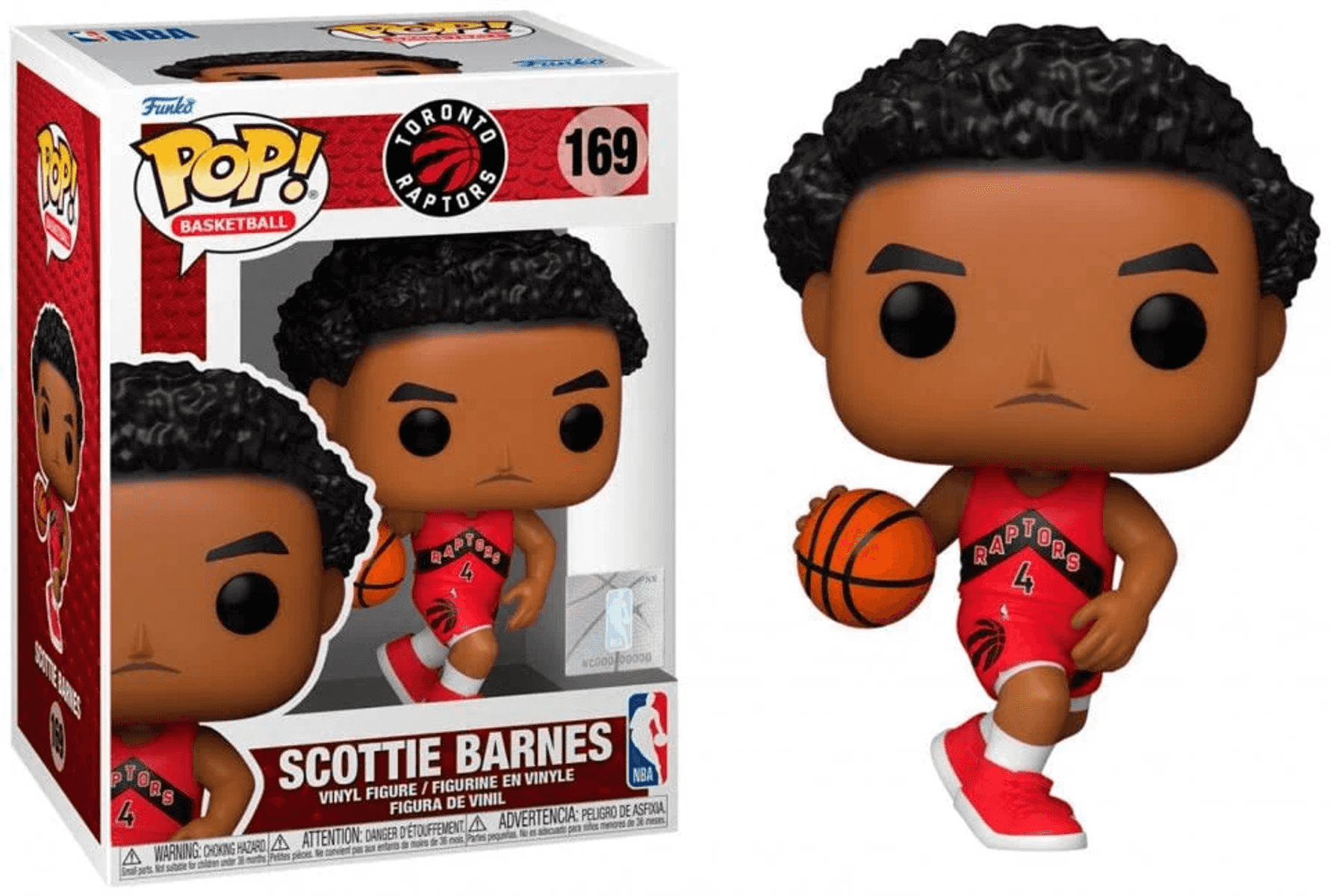 Funko Pop! Vinylfigur von Scottie Barnes im Trikot der Toronto Raptors mit Ball.