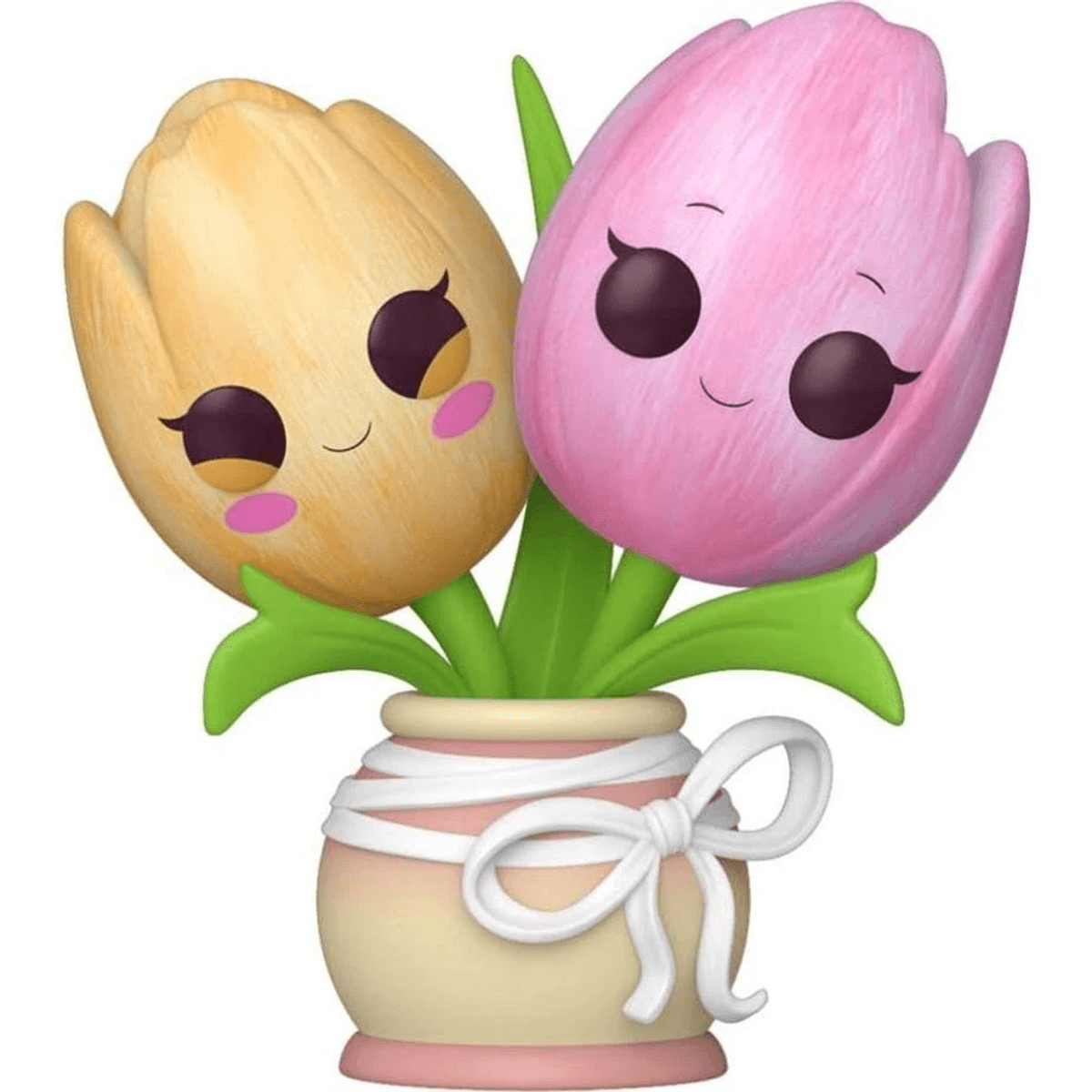 Dos tulipanes kawaii, amarillo y rosa, en un jarrón con lazo blanco.