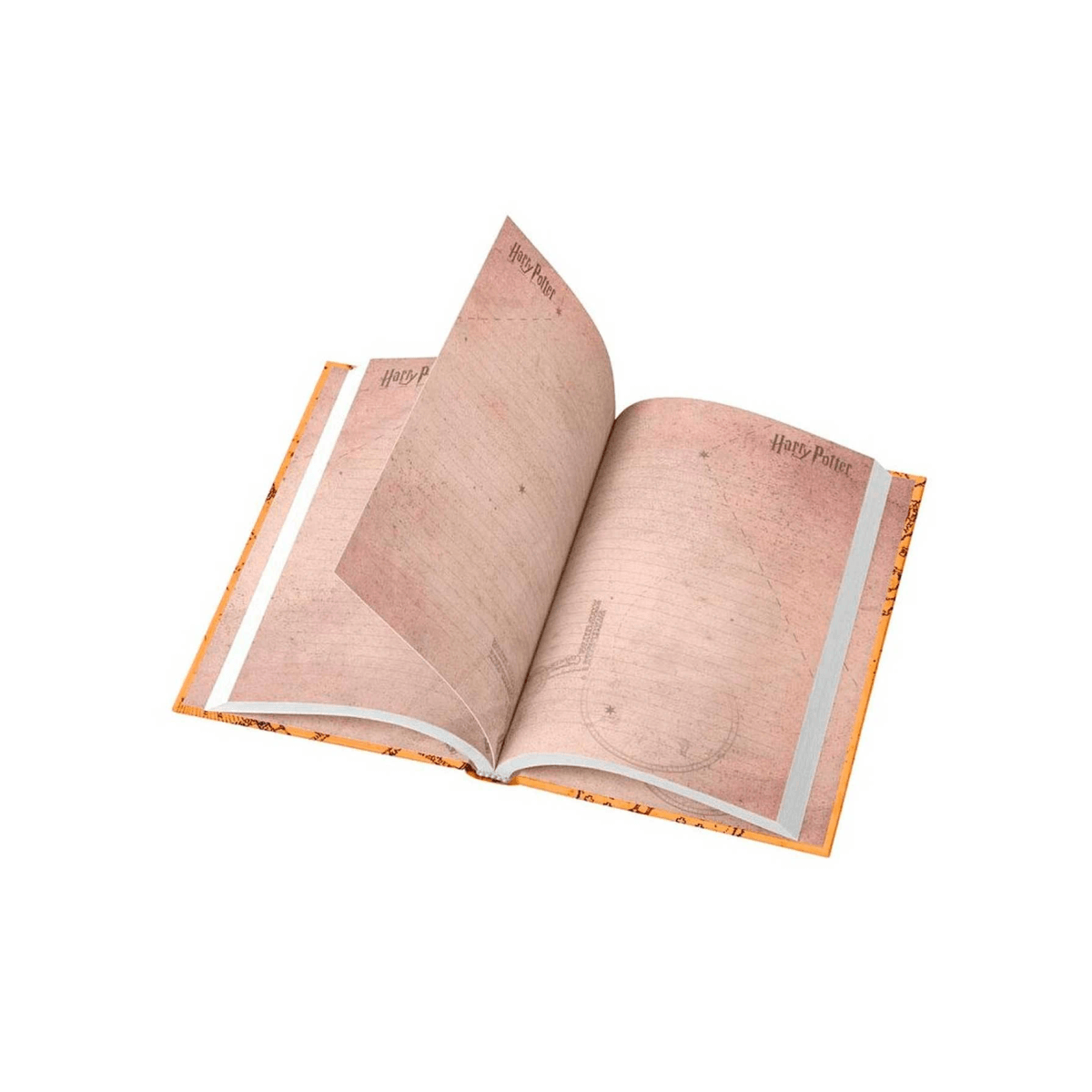 Un cuaderno abierto de Harry Potter con páginas rayadas vacías y mapas. Cubierta naranja.
