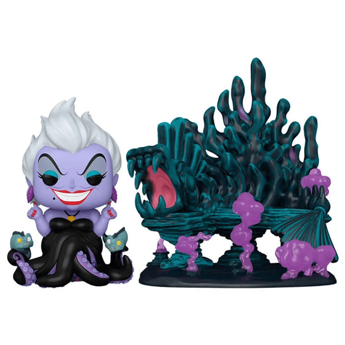 Figura morada con tentáculos y dos criaturas pequeñas, junto a una estructura oscura y dentada.