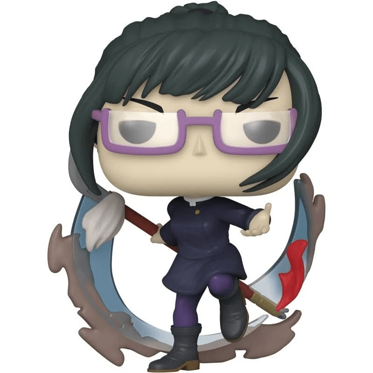 Una figura con gafas, atuendo oscuro y una guadaña, de pie sobre fondo blanco.