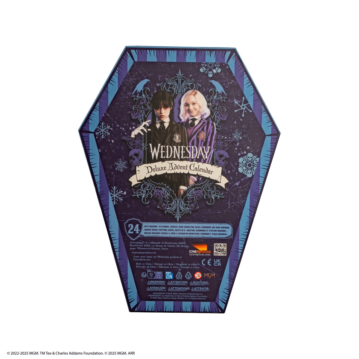 Un calendario en forma de ataúd con Wednesday y Enid, etiquetado como "Deluxe Advent Calendar."