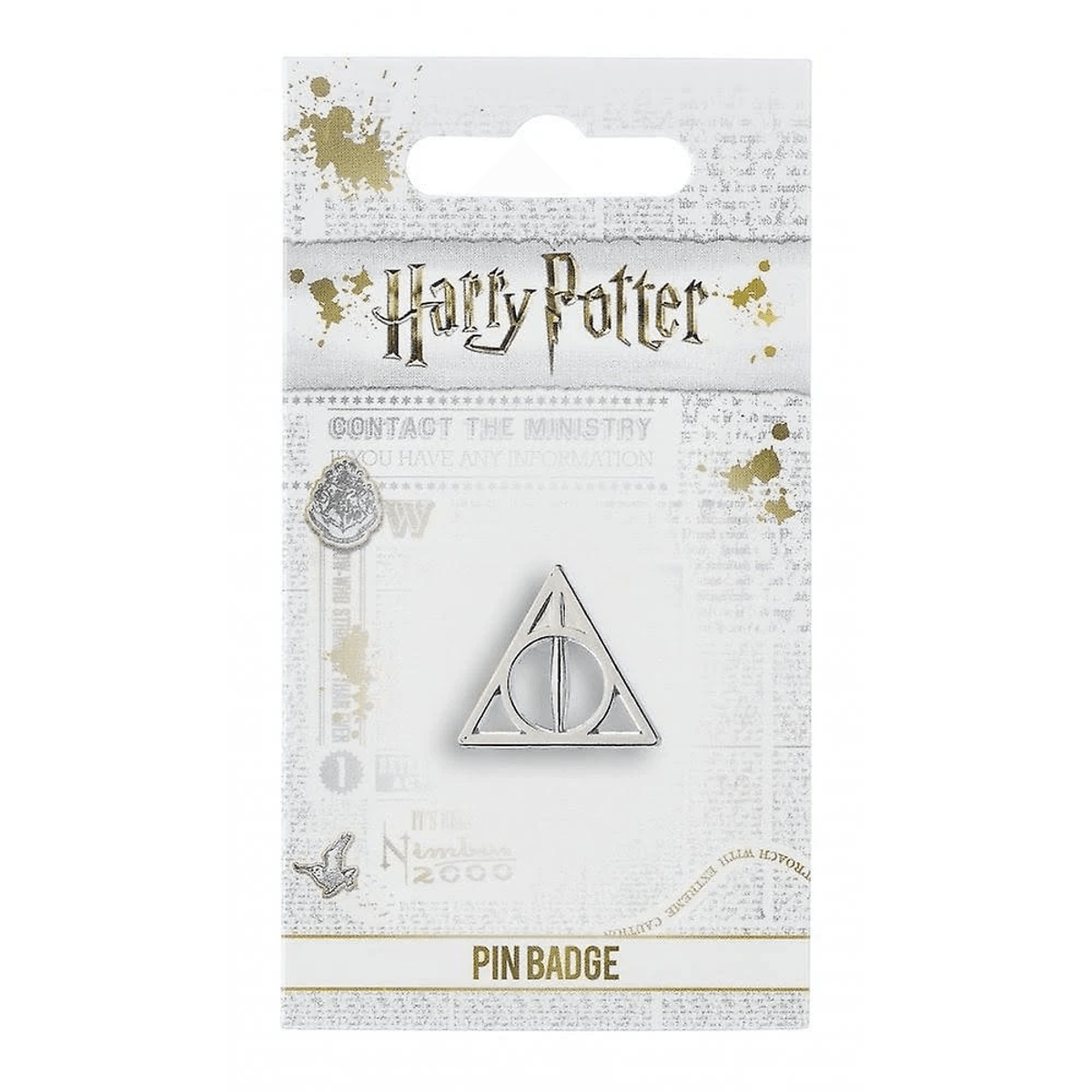 Set de pines de Harry Potter con el símbolo de las Reliquias de la Muerte y escudo.