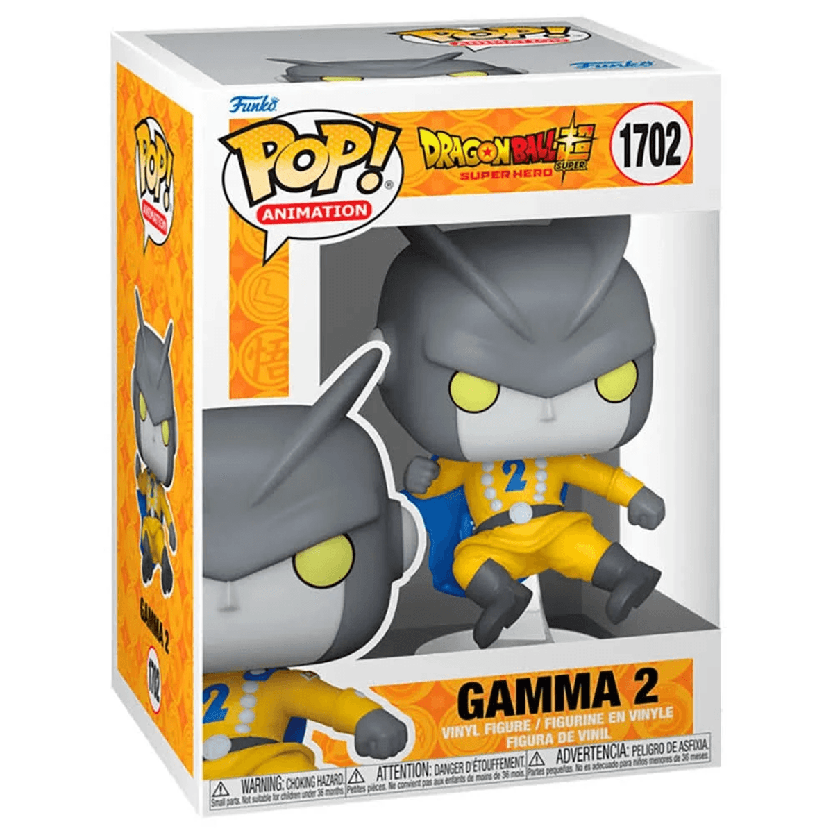 Figura de vinilo Funko Pop de Gamma 2 de Dragon Ball Super. Cabeza gris, traje amarillo.
