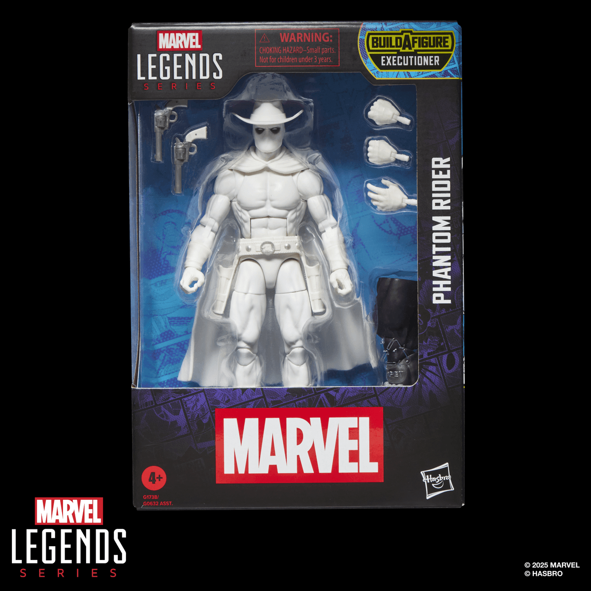 Figura de acción Marvel Legends Phantom Rider en atuendo blanco, con dos pistolas y manos intercambiables.