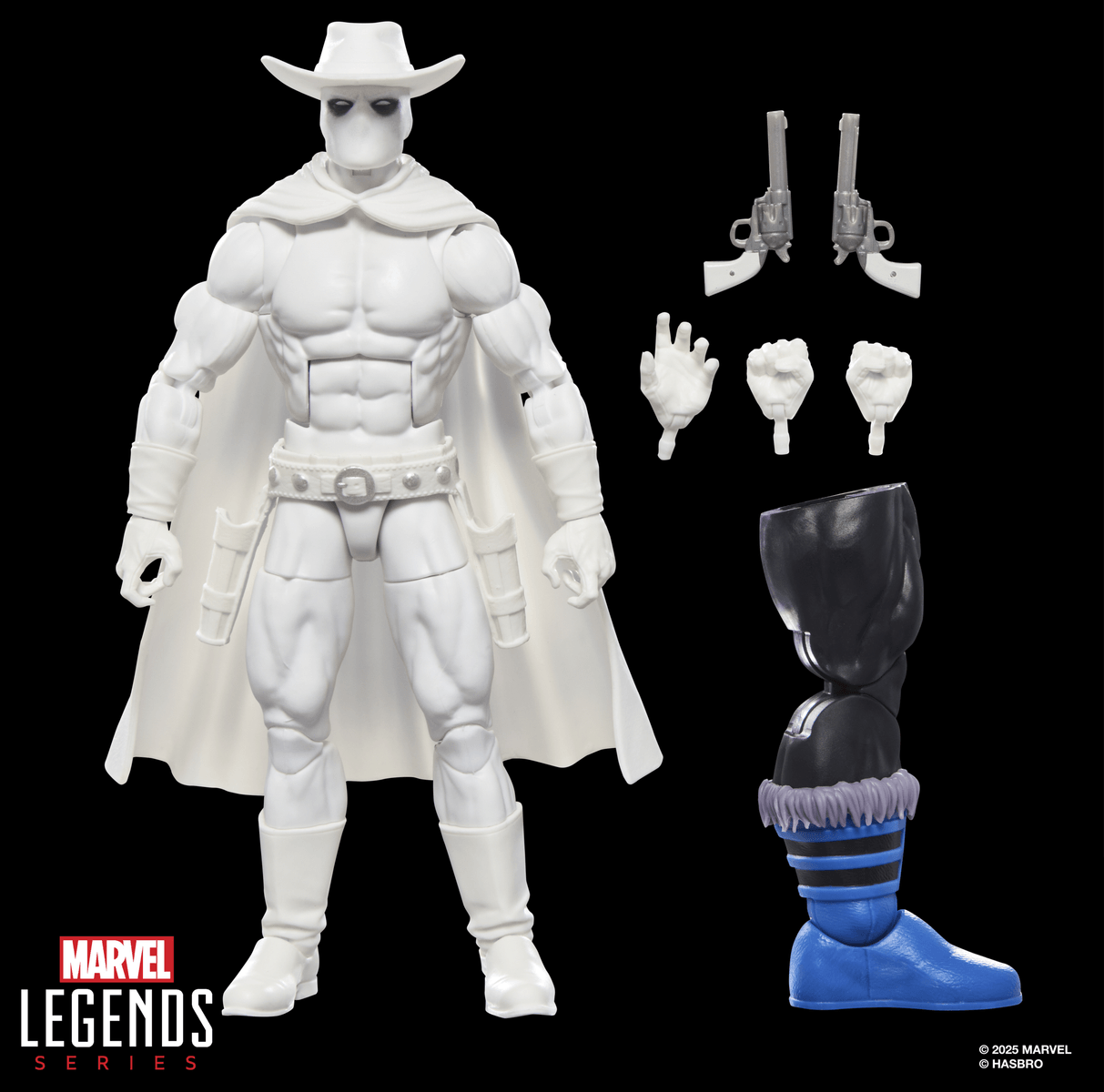 Figura de acción blanca con sombrero de vaquero, capa, pistolas y piezas de pierna.