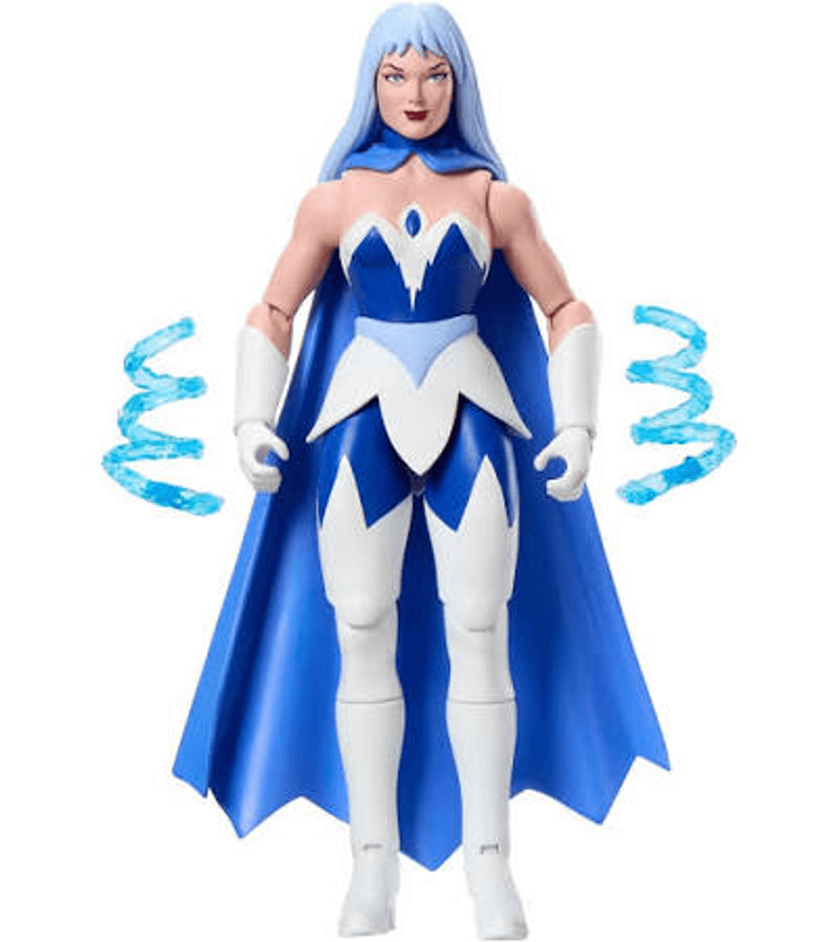 Figura de acción de mujer con pelo azul claro, capa azul y traje blanco y azul.